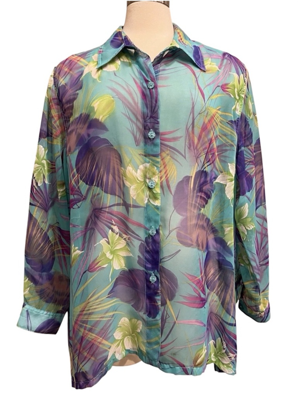 Erin London Button Up 2X Sheer Tropical Cover Up Ocean Beach Aqua